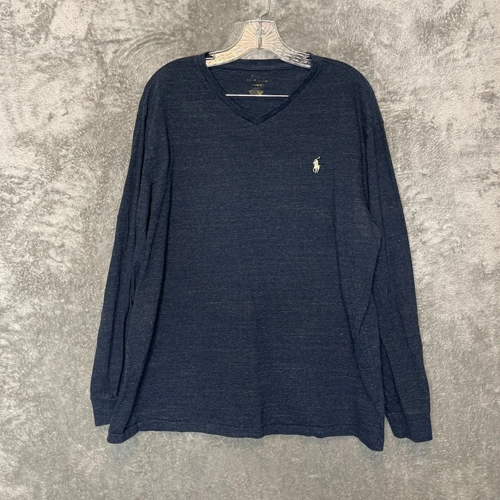 Polo Ralph Lauren Men Classic Heathered Pony Blue V Neck Long Sleeve T Shirt M